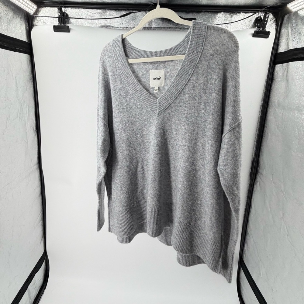 Aerie Womens Oversized V-Neck Sweater Heathered Gray Drop Shoulder S/P